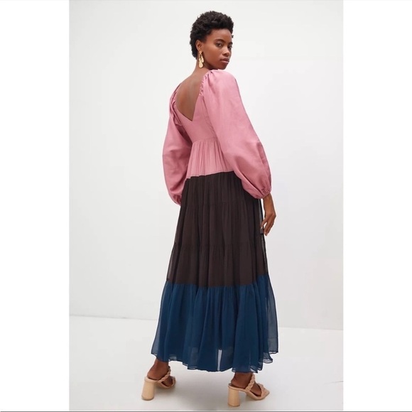 ANTHROPOLOGIE Colorblocked Maxi Dress Deep V-neck Puff Sleeved Nirmooha XS NWT - Picture 6 of 8